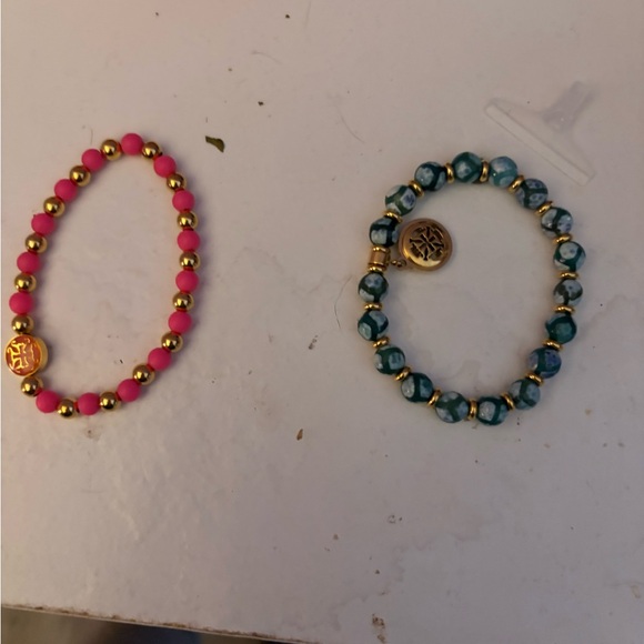 Pink and Blue Beaded Bracelets with Gold Accents